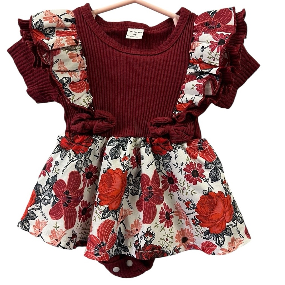 Burgundy Ribbed Floral Ruffled Short Sleeve Bodysuit Dress Infants 6 Months